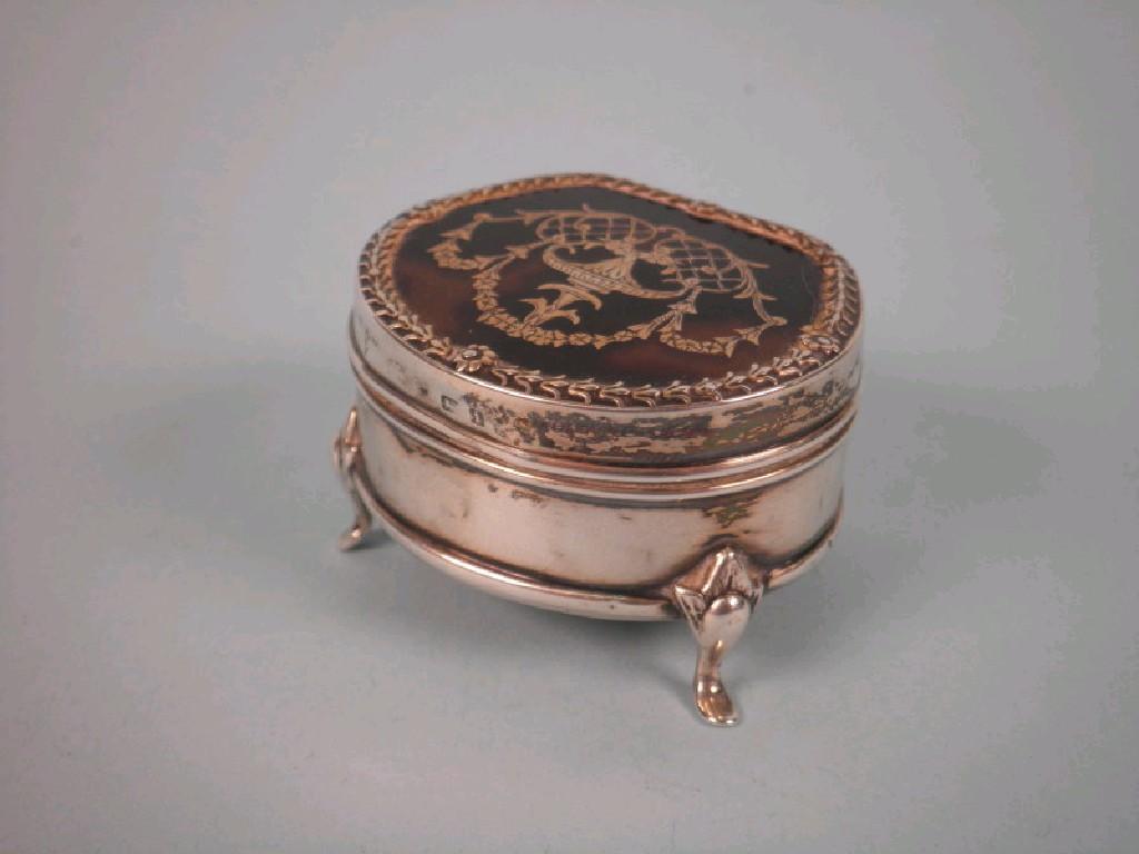 Appraisal: A silver and tortoise-shell piquet work trinket box and cover