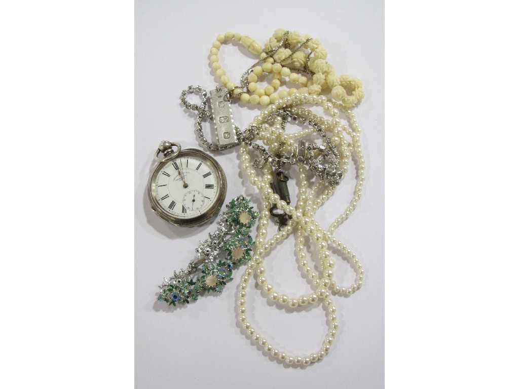 Appraisal: Lot comprising a silver pocket watch silver ingot ivory beads