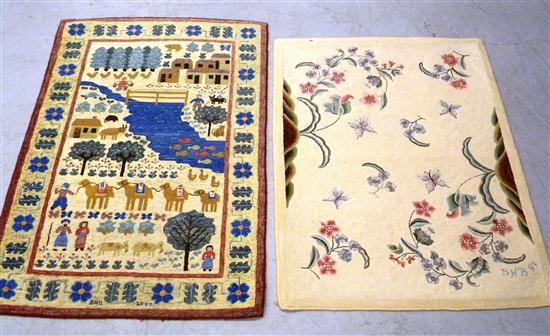 Appraisal: Two hooked rugs pictorial scene beige field red trim folk