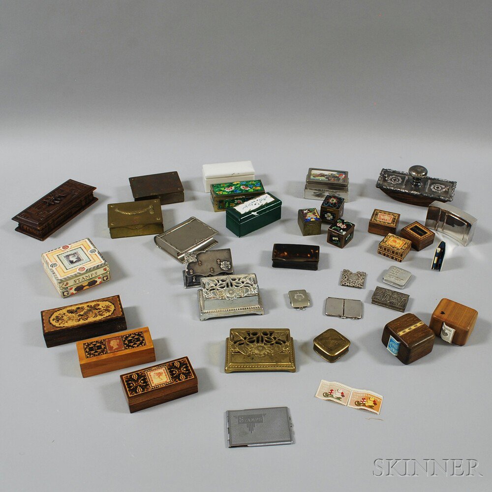 Appraisal: Thirty-four Mostly Metal and Wood Stamp Boxes including a silver-plated