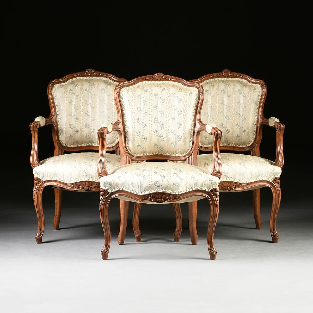 Appraisal: A SET OF THREE LOUIS XV STYLE UPHOLSTERED AND CARVED