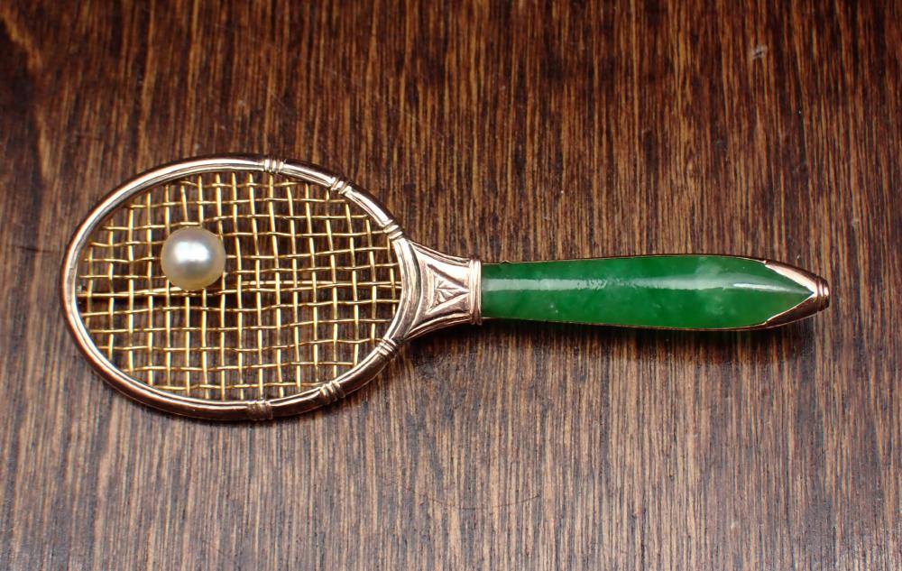 Appraisal: JADE AND YELLOW GOLD TENNIS RACKET BROOCH The k yellow