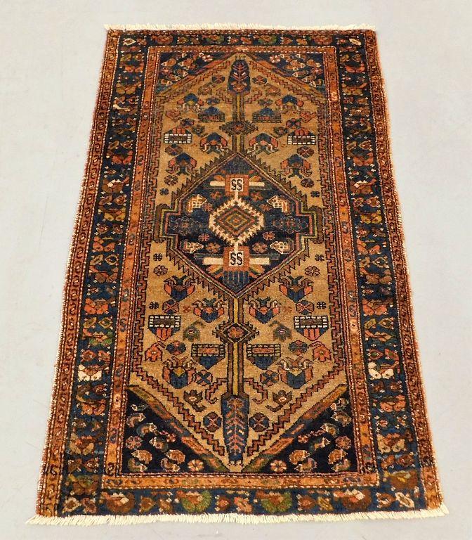 Appraisal: Geometric Camel Hair Hamadan Carpet Middle East th Century Navy