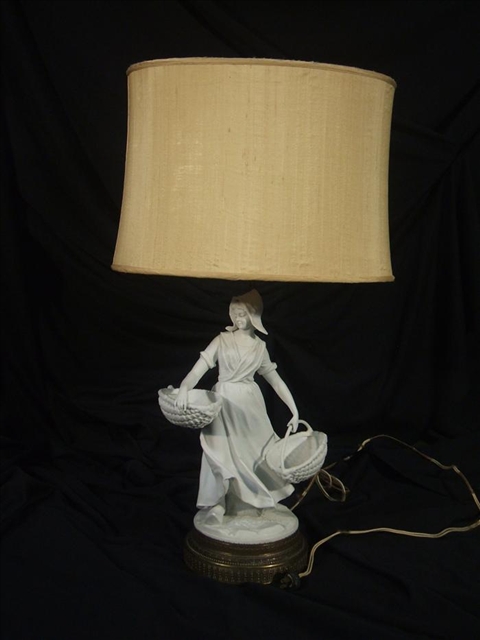 Appraisal: CONTINENTAL BISCUIT FIGURAL TABLE LAMP Modeled as a Dutch girl