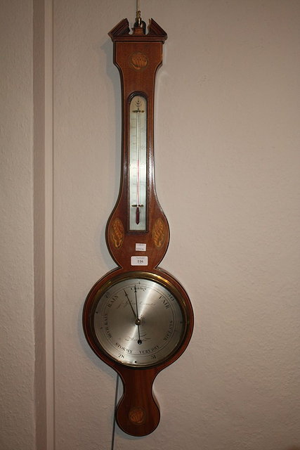 Appraisal: A TH CENTURY MAHOGANY AND SATINWOOD INLAID WHEEL BAROMETER by