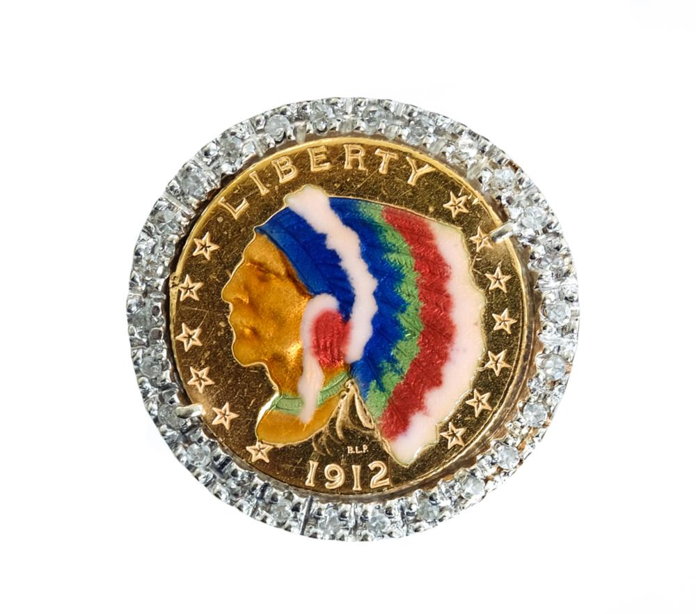 Appraisal: K YG INDIAN HEAD DIAMOND ENAMEL RING Indian head coin