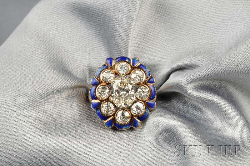 Appraisal: kt Gold Enamel and Diamond Ring set with an oval-cut