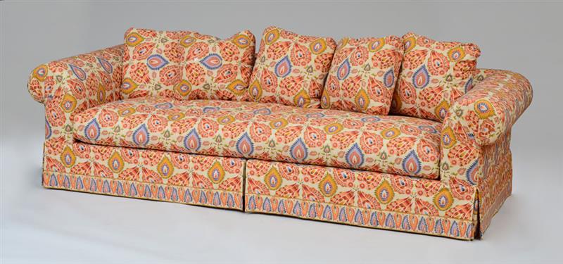 Appraisal: LARGE UPHOLSTERED FOUR SEAT SOFA The frame in two parts