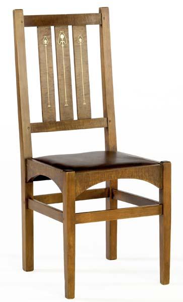 Appraisal: GUSTAV STICKLEY Tiger maple sidechair inlaid with fruitwoods and pewter