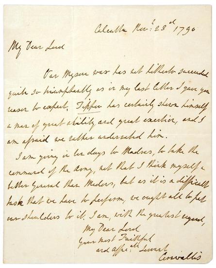 Appraisal: CORNWALLIS Charles Important autograph letter signed Cornwallis to an unidentified