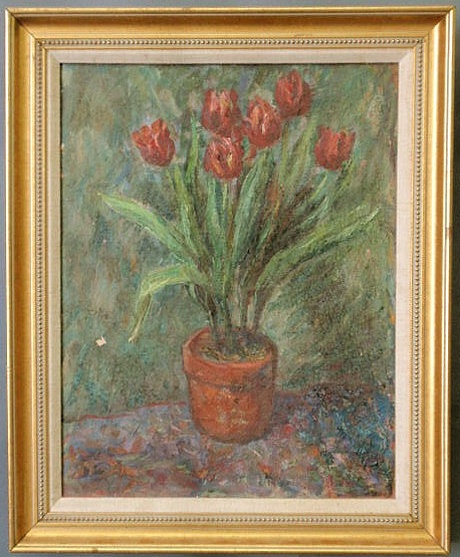 Appraisal: Oil on canvas still life of potted tulips verso Richard