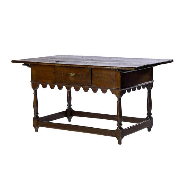 Appraisal: Pennsylvania walnut farm table with pinned top drawer dated x