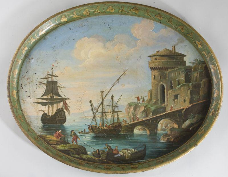 Appraisal: Antique Toleware Tray th century with painted harbor scene depicts