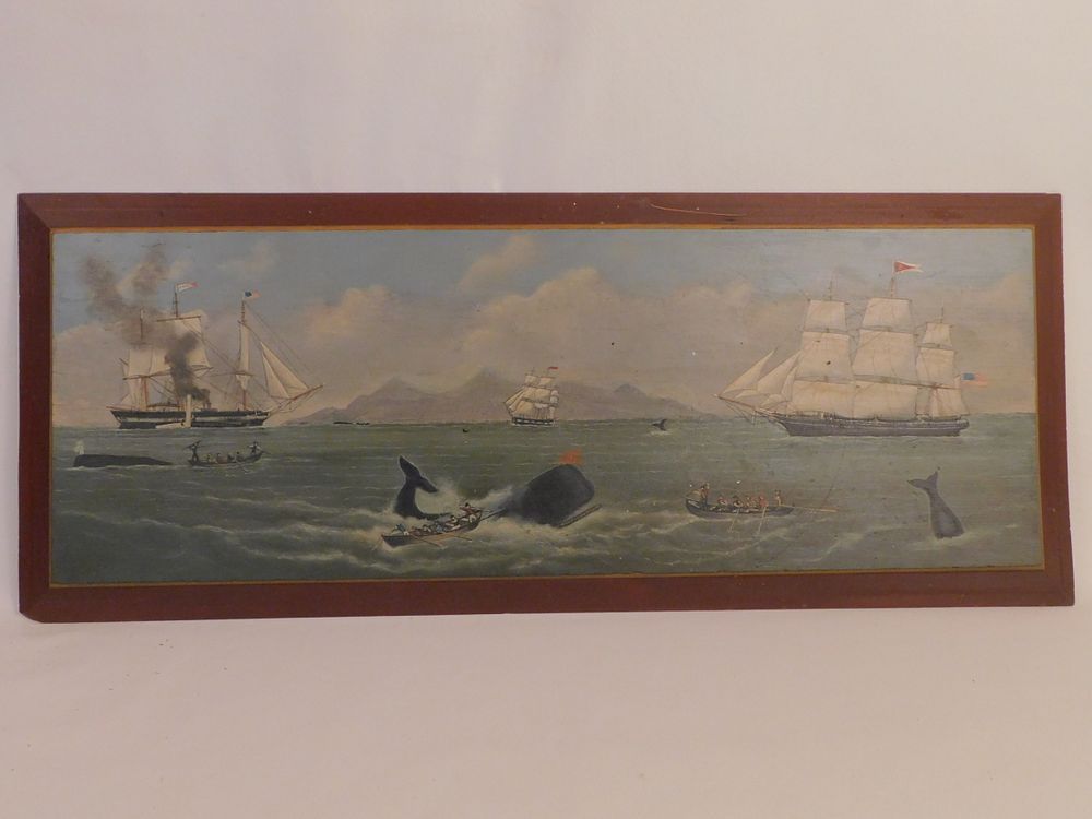 Appraisal: WHALING PAINTING ON WOOD PANEL Old oil painting on wood