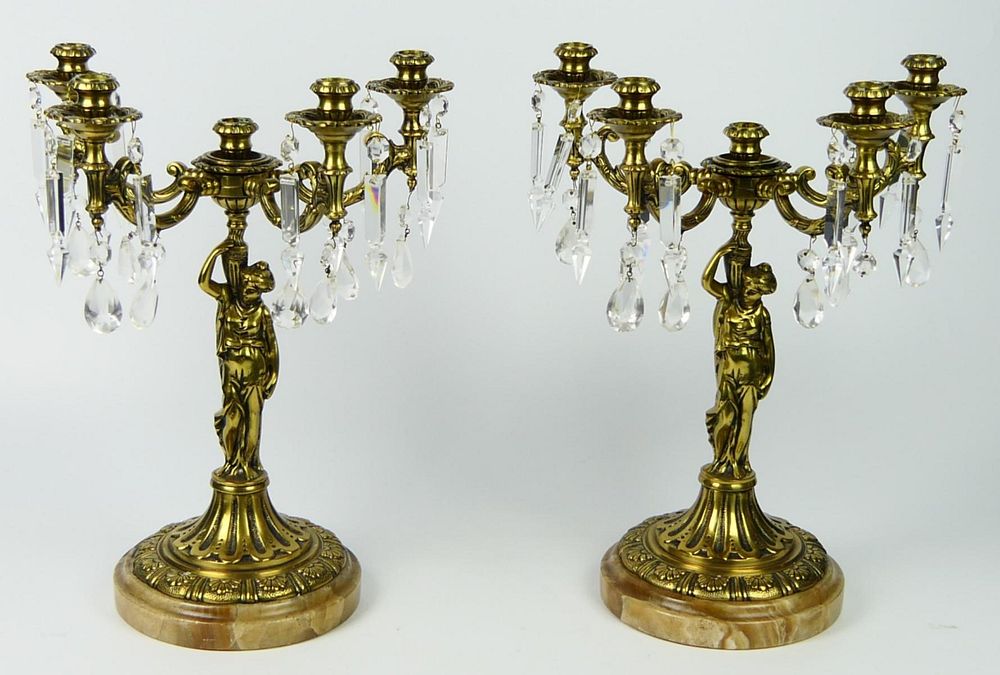 Appraisal: PAIR OF VINTAGE FRENCH BRONZE CANDLEABRUM Arm featuring lady holding