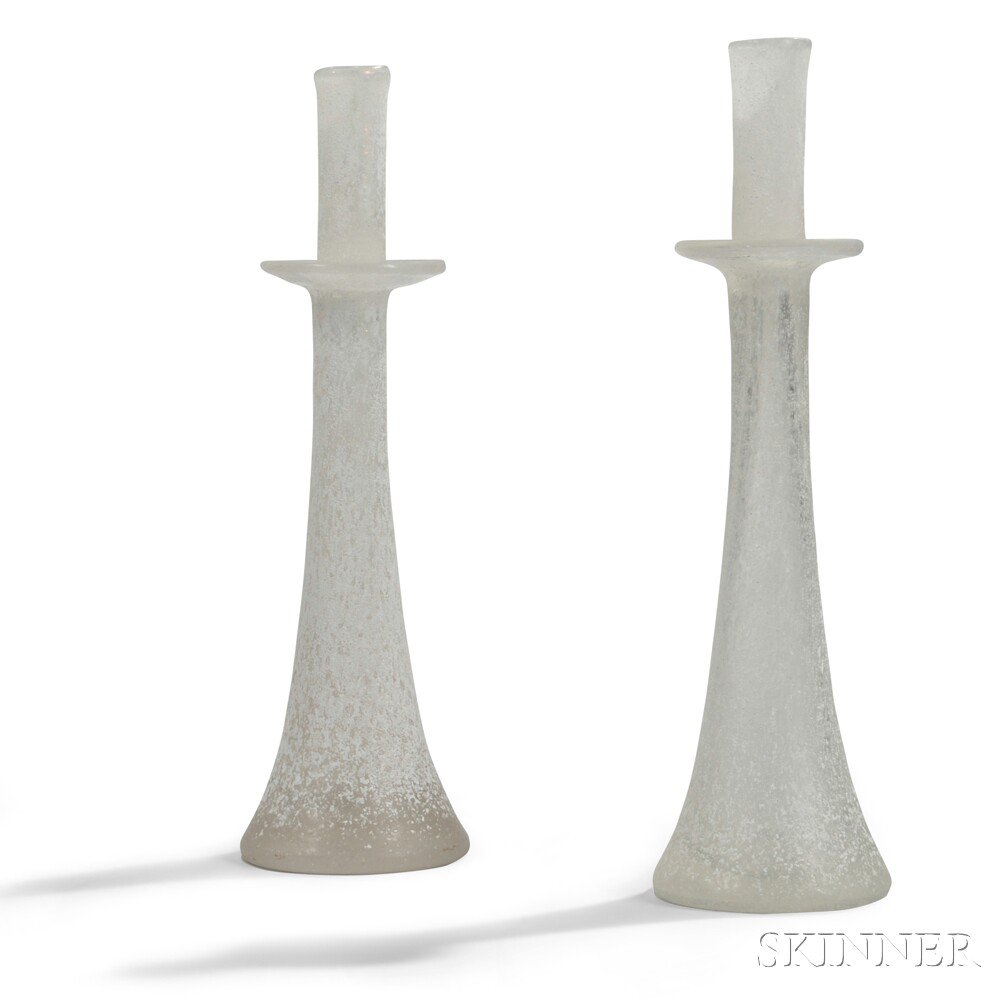 Appraisal: Pair of Frosted Glass Candlesticks Art glass Mid- th century