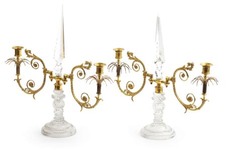 Appraisal: PAIR OF GILT BRONZE AND CUT CRYSTAL CANDELABRA TH CENTURY