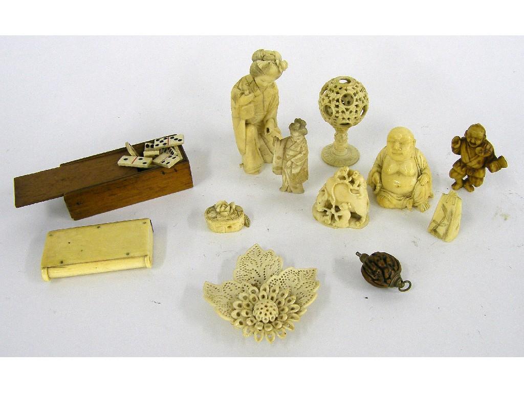 Appraisal: Bag of interesting ivory items including small okimonos netsukes and