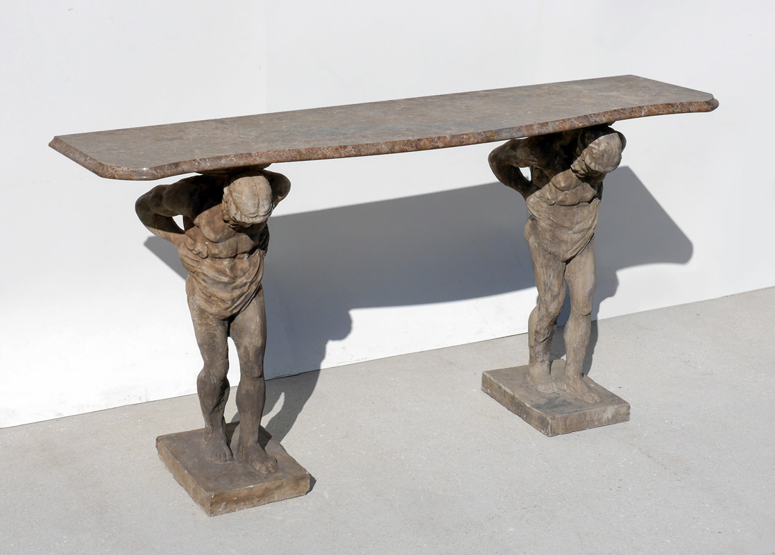 Appraisal: FIGURAL ATLAS DOUBLE PEDESTAL MARBLE TOP TABLE composite figures of