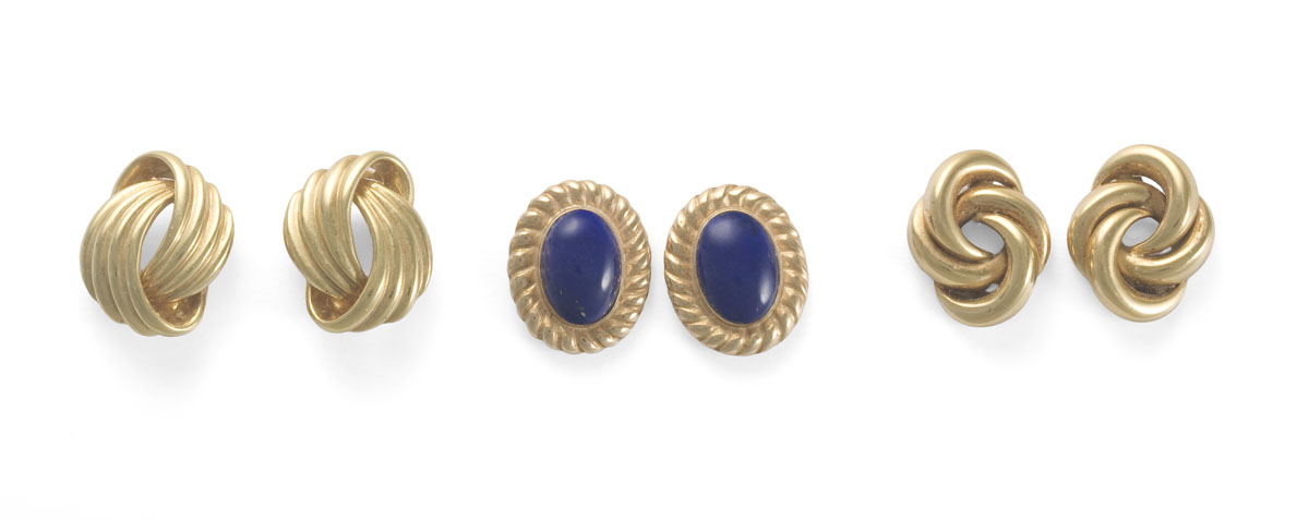 Appraisal: THREE PAIRS OF GOLD AND LAPIS EAR CLIPS The first