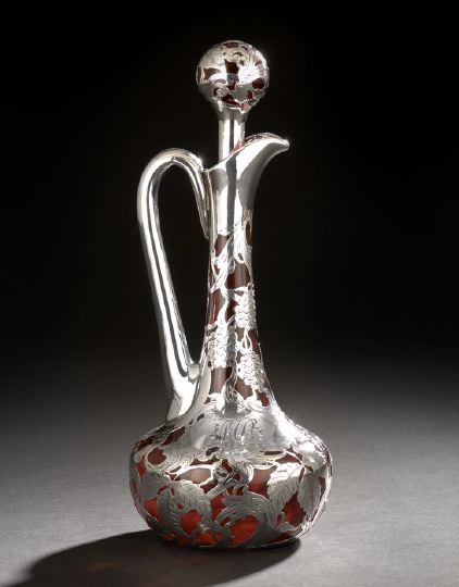 Appraisal: American Sterling Silver Overlay Cranberry Glass Decanter first quarter th