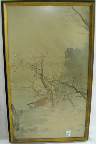 Appraisal: THREE JAPANESE WATERCOLORS ON TEXTILE forming a triptych landscapes two