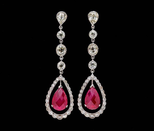 Appraisal: A pair of ruby and diamond pendant earrings estimated total