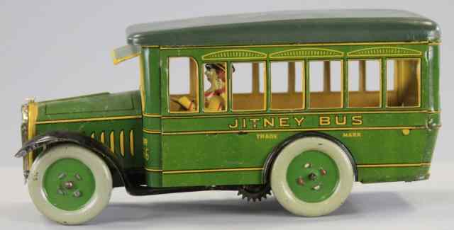 Appraisal: STRAUSS JITNEY BUS Lithographed tin green body yellow trim seated