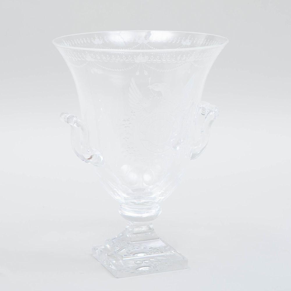 Appraisal: Etched Glass Glass Urn with Eagle Monogram x in diam