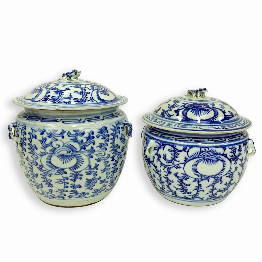 Appraisal: Chinese Blue White Porcelain Covered Jars Two Chinese Blue White