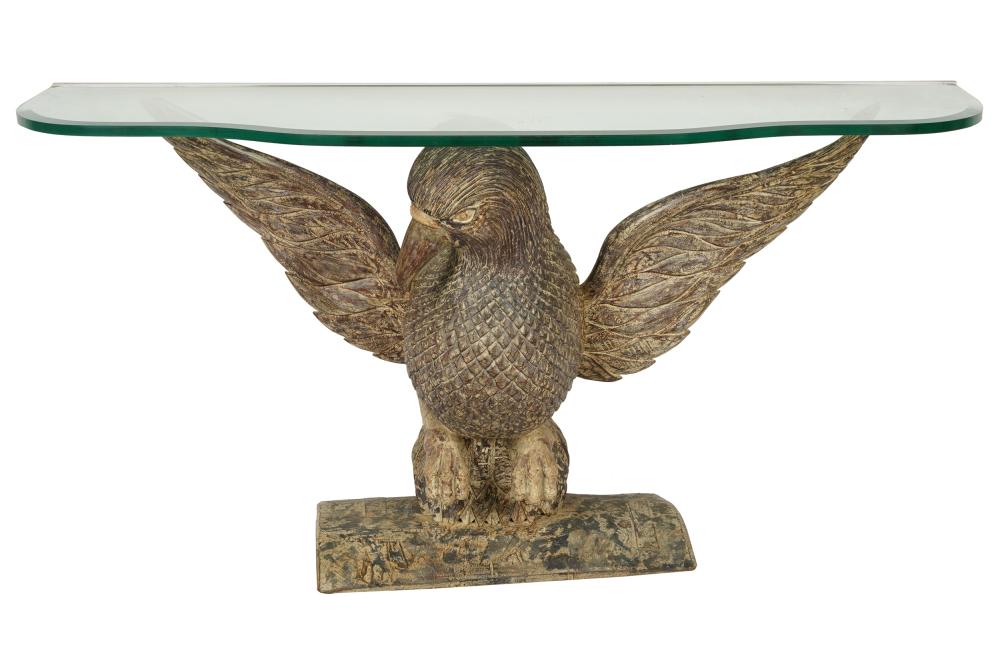 Appraisal: CARVED PAINTED WOOD GLASS-TOPPED CONSOLE TABLEProvenance The Estate of actress