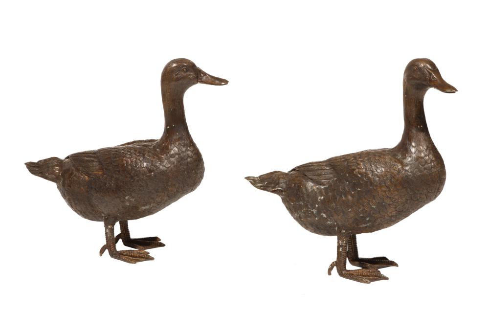 Appraisal: Pair of Patinated Bronze Garden Figures of Ducks h in