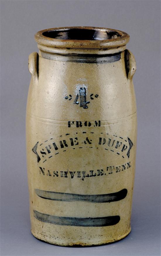 Appraisal: Nashville merchant's salt glazed stoneware churn last quarter th centuryfour