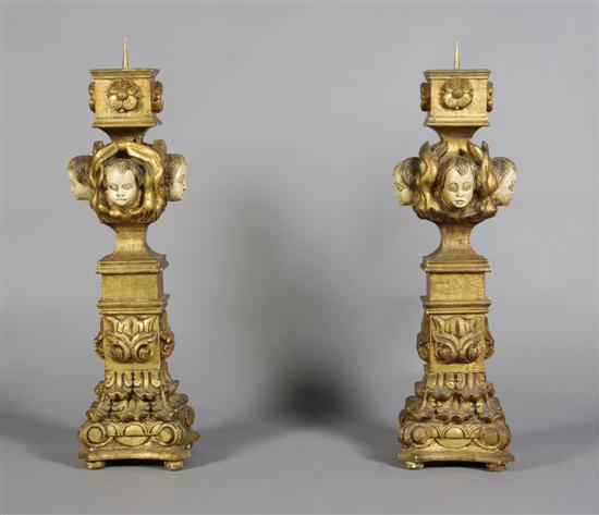 Appraisal: A Pair of Italian Giltwood Pricket Sticks Height inches