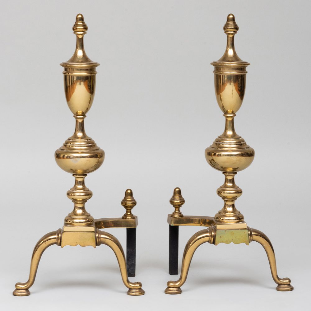 Appraisal: Pair of Tall Federal Style Brass Andirons x x in