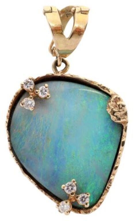 Appraisal: Estate kt yellow gold opal and diamond pendant stamped kt