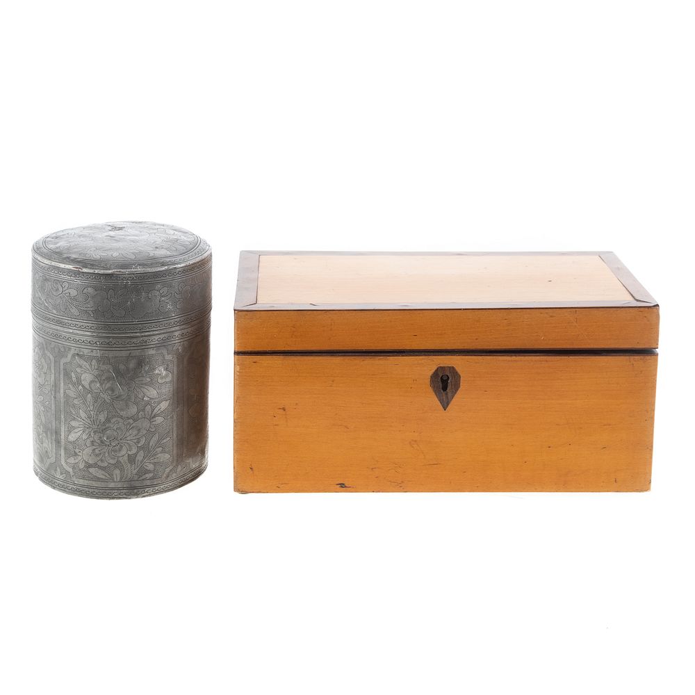 Appraisal: English Wood Tea Caddy Chinese Pewter Tea Caddy English mixed