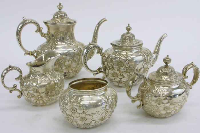 Appraisal: WHITING STERLING SILVER COFFEE TEA SERVICE pieces heavily chased and