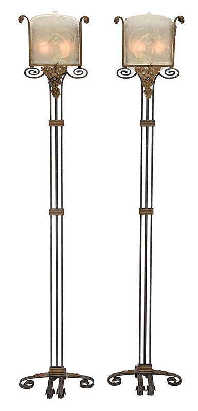 Appraisal: Pair Oscar Bach Floor Lamps with Steuben Panels circa attributed