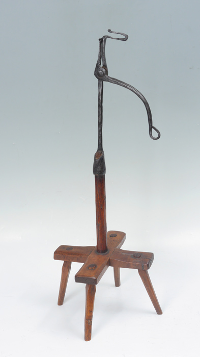 Appraisal: EARLY FLOOR STANDING IRON AND WOOD RUSH LIGHT Wrought iron