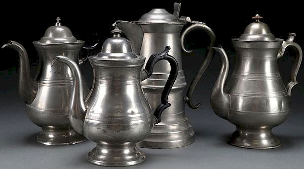 Appraisal: EARLY AMERICAN PEWTER COFFEE POTS FLAGON THREE EARLY AMERICAN COFFEE