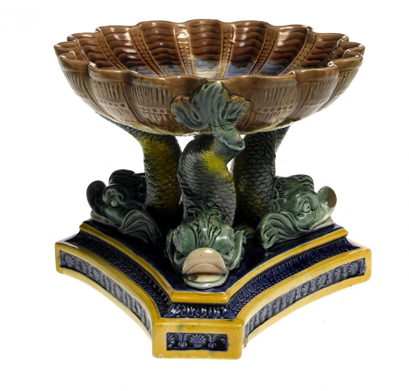 Appraisal: A W T COPELAND MAJOLICA SHELL AND DOLPHIN TAZZA with