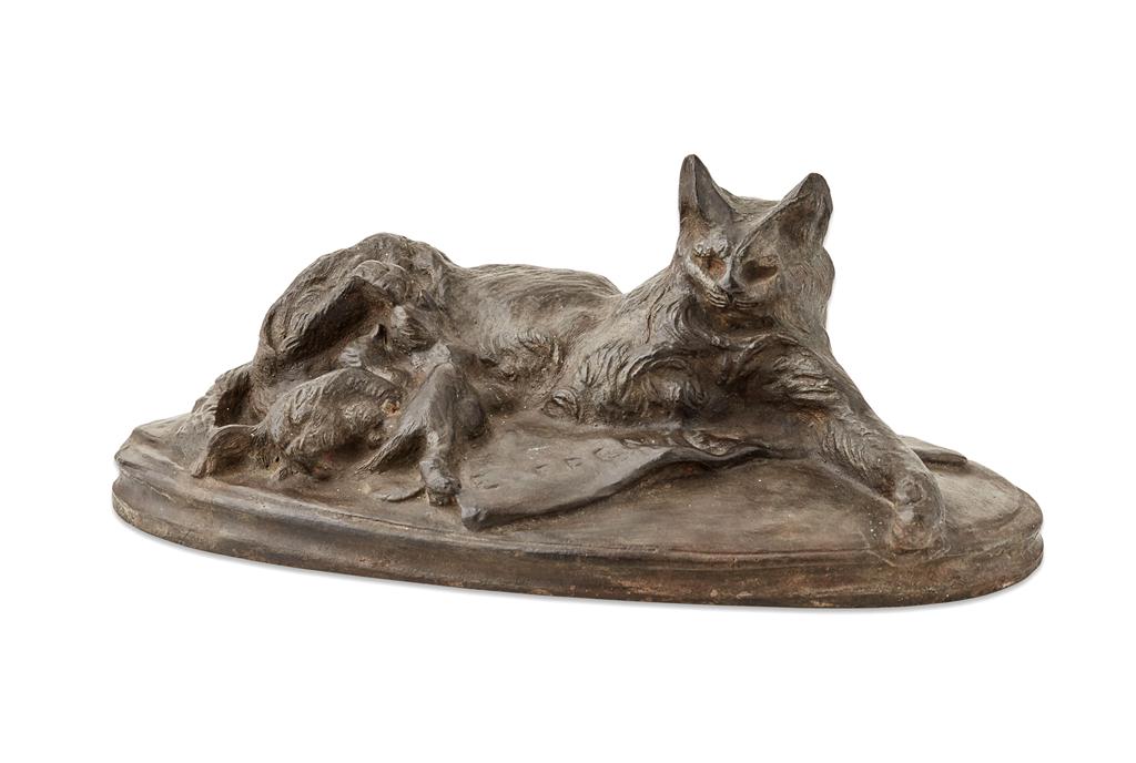 Appraisal: EMMANUEL FREMIET - BRONZE FIGURE OF A CAT FEEDING ITS