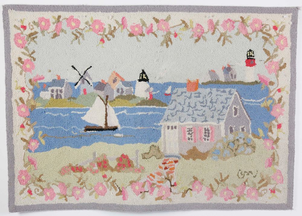 Appraisal: Claire Murray Wool Hooked Rug Cottages and Lighthouses Claire Murray