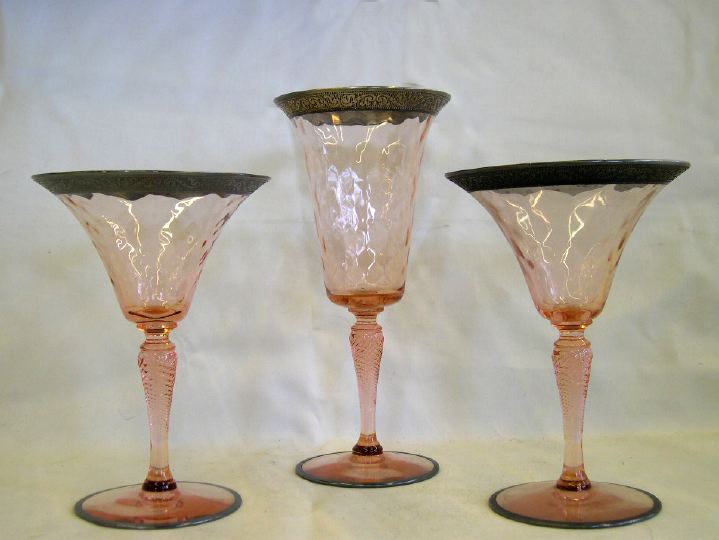 Appraisal: Good American Sixteen-Piece Silver-Deposit-Edged Rose Quilted Glass Partial Stemware Service