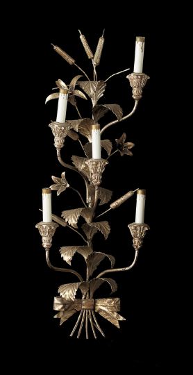 Appraisal: Italian Argente Wood and Wrought-Iron Five-Light Cattail and Leaf Sconce