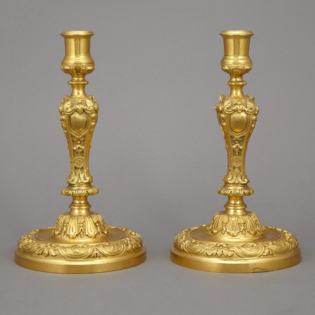 Appraisal: Pair of Louis XV Gilt-Bronze Candlesticks Mid th century Each