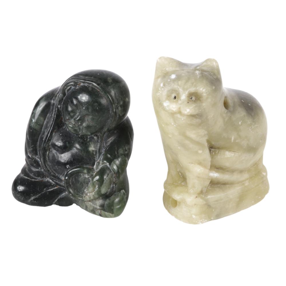 Appraisal: TWO JAPANESE CARVED JADE FIGURAL NETSUKE ORNAMENTS SEATED FIGURE AND