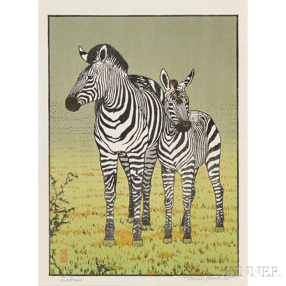 Appraisal: Toshi Yoshida - Zebras Japan color woodblock print sealed printed