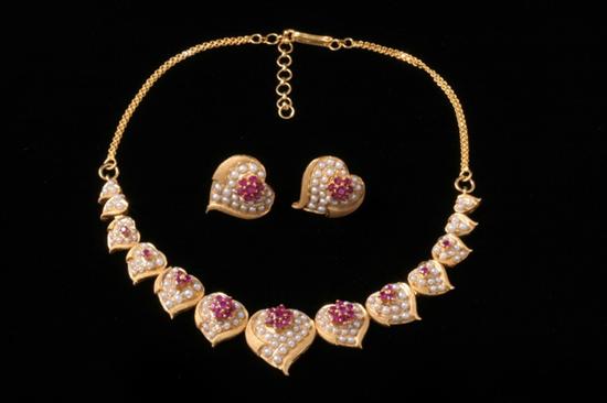 Appraisal: K YELLOW GOLD RUBY AND SEED PEARL NECKLACE WITH PAIR